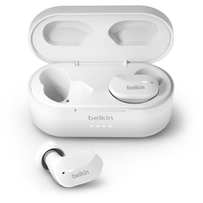Belkin AUC001btWH SoundForm True Wireless Earbuds (Bluetooth-oordopjes voor iPhone, Samsung, Google, bedieningsknoppen, draagbaar oplaadhoesje, 24 uur luistertijd, ruisisolatie, zweetbestendig, wit),Eén maat,Kleur: wit