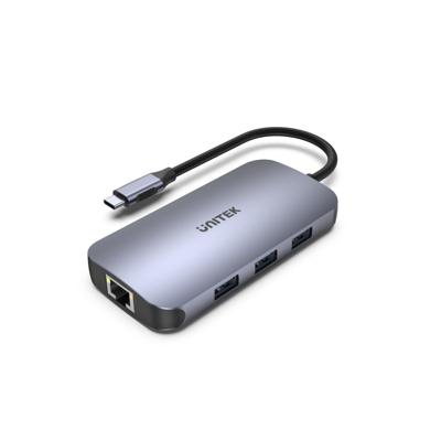 uHUB Unitek D1071A N9+ 9-in-1 USB-C Ethernet Hub met HDMI, 100W Power Delivery en Card Reader/Aluminium/Nylon Kabel/USB-A, USB-C (voeding), HDMI 2.0, Card Reader, aansluiting RJ -45