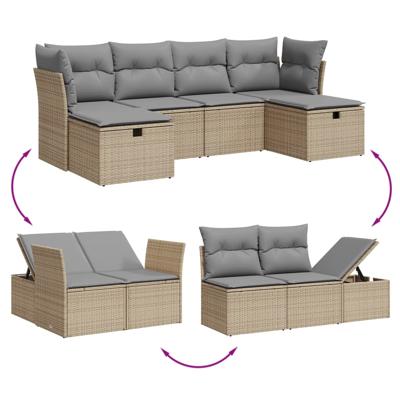 6-delige Loungeset met kussens poly rattan beige