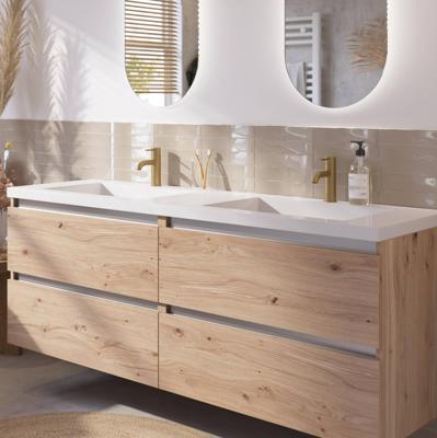 Saqu Gaia badmeubel incl. dubbele glans witte wastafel 160x52x64cm naturel eiken - aluminium greeplijst