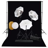 Fotostudioset met lampen, paraplu's, achtergrond en reflector - thumbnail