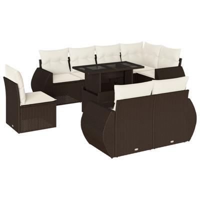9-delige Loungeset met kussens poly rattan bruin