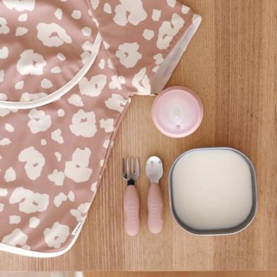 Set roestvrijstalen en siliconen oefenbestek 2e leeftijd BEABA beige, bedrukt