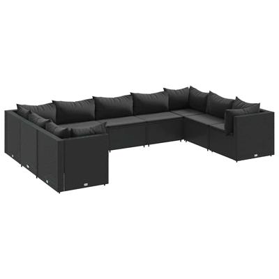 9-delige Loungeset met kussens poly rattan zwart