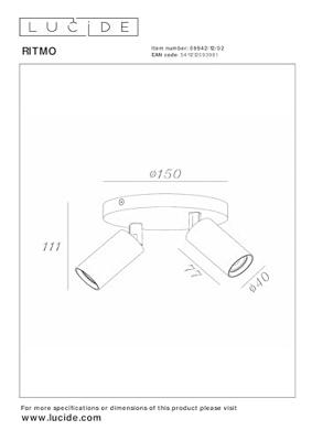 Lucide RITMO - Plafondspot - Ø 15 cm - 2xGU10 (MR11) - Mat Goud / Messing