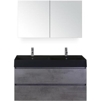 Maxx XL Badmeubelset 120 cm - Beton Antrac - Wastafel Kube Dubbel Zwart 2 Kraangaten met Spiegelkast