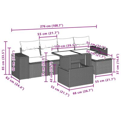 6-delige Loungeset met kussens poly rattan zwart
