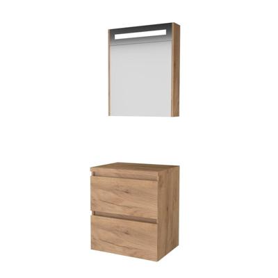 Basic-Line Premium 46 Badkamermeubelset - 60 x 46 cm - Greeploos - 2 Lades - Wastafelblad - Spiegelkast met LED Verlichting - Whisky Oak