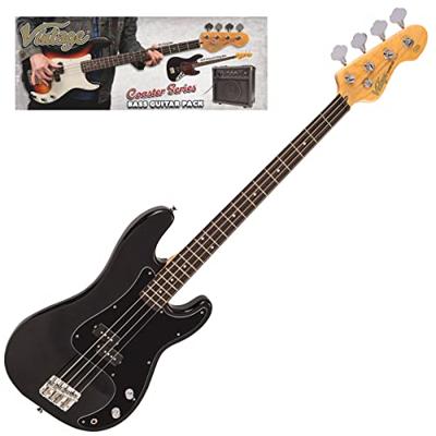 Vintage VIP-V49BLK Coaster Series Gloss Black Bass Pack elektrische basgitaar set met versterker