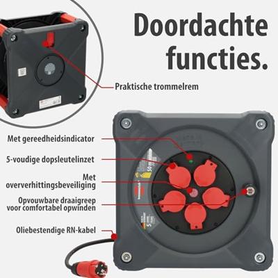 Brennenstuhl Professional Bouwplaats kabelhaspel | KA 5100 5 | IP44 | 50m | H07RN-F 3G1.5 - 9201500110 Brennenstuhl Professional Bouwplaats kabelhaspel | KA 5100 5 | IP44 | 50m | H07RN-F 3G1.5 - 9201500110