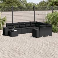 10-delige Loungeset met kussens poly rattan zwart - thumbnail
