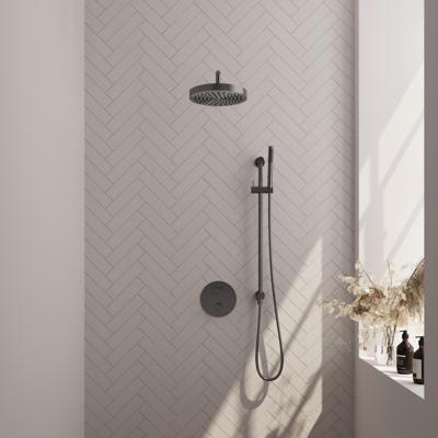 Brauer Stripe thermostatische inbouw regendouche 3-weg rond SET 44 met 25 cm douchekop en gebogen muurarm en staaf handdouche en doucheslang en geintegreerde glijstang gunmetal geborsteld PVD
