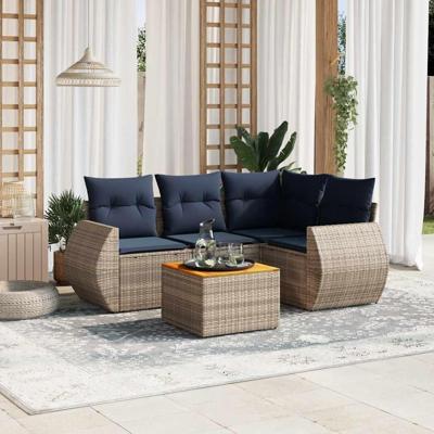 5-delige tuinbankset met kussens, grijs polyrotan