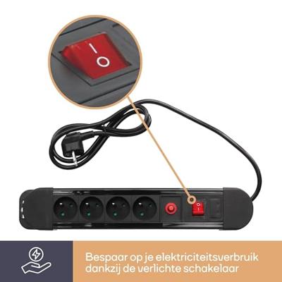 Perel contactdoos met 4 stopcontacten, schakelaar en overspanningsbeveiliging, zwart, voor België - thumbnail