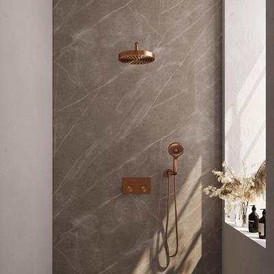 Brauer Stripe thermostatische inbouw regendouche met drukknoppen SET 29 met 25 cm douchekop en gebogen muurarm en 3-standen handdouche en doucheslang en wandaansluitbocht koper geborsteld PVD