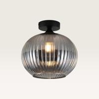 Plafondlamp Globo vetro fumé - Bol van geribbeld rookglas en zwarte drager van metaal - Zonder lichtbron - thumbnail
