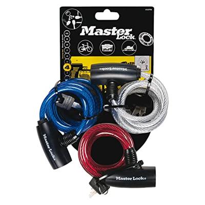 Masterlock 3 coiled cables 1,80mx Ø 8mm - vinyl cover : blue, red & transparent - 8127EURTRI