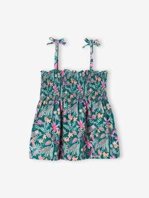 Meisjeshemd met smokwerk en bloemenprint smaragdgroen