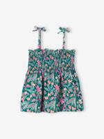 Meisjeshemd met smokwerk en bloemenprint smaragdgroen - thumbnail