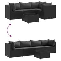5-delige Loungeset met kussens poly rattan zwart - thumbnail