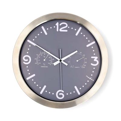 Wandklok | Diameter: 300 mm | Roestvrij Staal | Stille beweging | Thermometer | Hygrometer | Grijs / Metaal