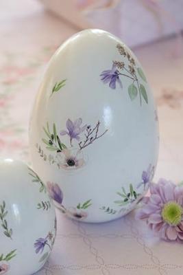 Clayre & Eef Decoratie Beeld Ei Ø 7x10 cm Wit Paars Terracotta Bloemen