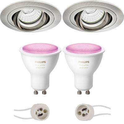 GU10 Inbouwspot Set - Mat Nikkel - Inbouw Rond - Kantelbaar - Philips Hue - White and Color Ambiance - Bluetooth - Pragmi Alpin Pro - Ø92mm