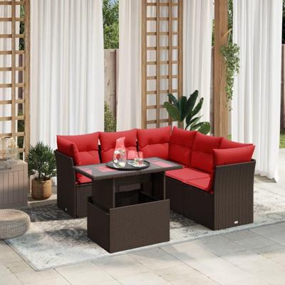 6-delige tuinbankset met kussens, bruin polyrotan