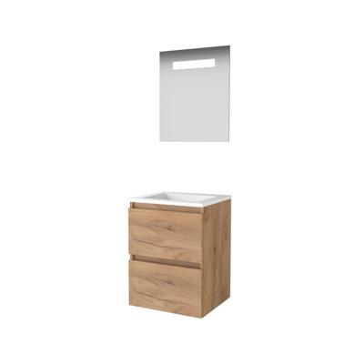 Basic-Line Economic 46 Badkamermeubelset - 50 x 46 cm - Greeploos - 2 Lades - Acryl Wastafel - Zonder Kraangat - Spiegel met LED Verlichting - Whisky Oak