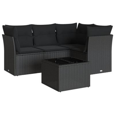 5-delige Loungeset met kussens poly rattan zwart - thumbnail