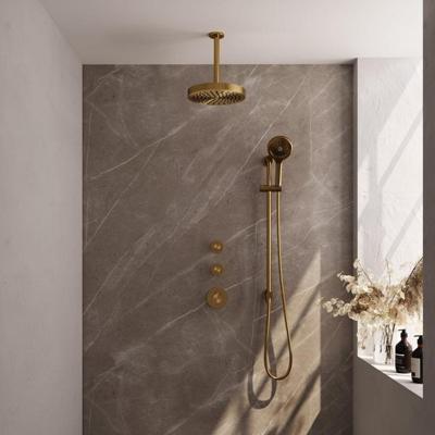 Brauer Stripe thermostatische inbouw regendouche SET 12 met 25 cm douchekop en plafondarm en 3-standen handdouche en doucheslang en geintegreerde glijstang goud geborsteld PVD