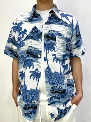 Heren Italiaans Zomers Overhemd - Korte Mouw - Palmprint - Open kraag