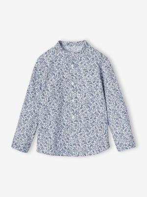 Jongenshemd met bloemenprint en Maokraag blauw, bedrukt Jongenshemd met bloemenprint en Maokraag blauw, bedrukt