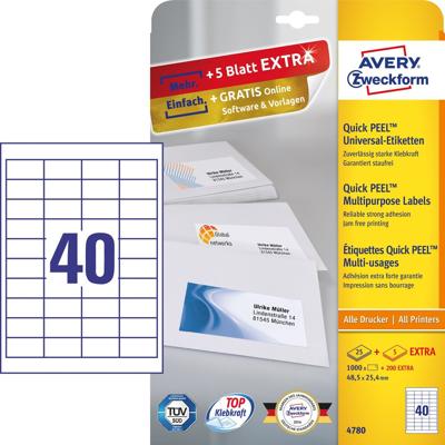 Avery-Zweckform 4780 Universele etiketten 48.5 x 25.4 mm Papier Wit 1200 stuk(s) Permanent hechtend Inkjet, Laser (zwart/wit), Laser (kleur), Kopiëren