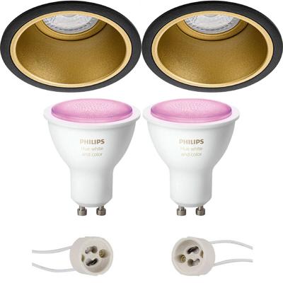 Pragmi Minko Pro - Inbouw Rond - Mat Zwart/Goud - Verdiept - Ø90mm - Philips Hue - LED Spot Set GU10 - White and Color Ambiance - Bluetooth