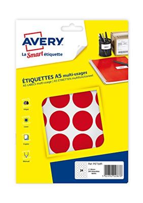 Avery PET30R ronde markeringsetiketten, diameter 30 mm, blister van 240 stuks, rood