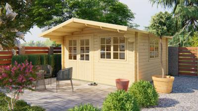 Blokhut Inge 420x420 cm + luifel 120 cm - Honing geïmpregneerd- Zadeldak- Geïmpregneerd vurenhout- Tuindeco Blokhut Inge 420x420 cm + luifel 120 cm - Honing geïmpregneerd- Zadeldak- Geïmpregneerd vurenhout- Tuindeco