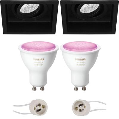 GU10 Inbouwspot Set - Mat Zwart - Inbouw Vierkant - Verdiept - Kantelbaar - Philips Hue - White and Color Ambiance - Bluetooth - Pragmi Domy Pro - 105mm
