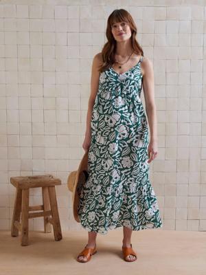 Lange soepele zwangerschapsjurk met fijne schouderbandjes dennen Lange soepele zwangerschapsjurk met fijne schouderbandjes dennen