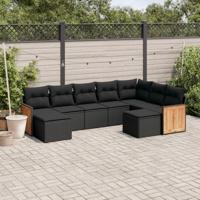 9-delige Loungeset met kussens poly rattan zwart - thumbnail