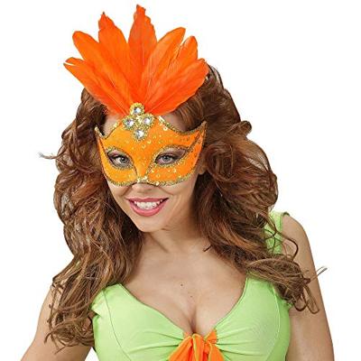 Oogmasker met veren en parels neon oranje