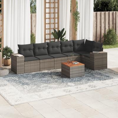 7-delige Loungeset met kussens poly rattan grijs