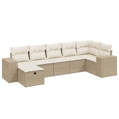 7-delige Loungeset met kussens poly rattan beige