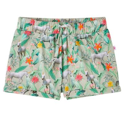 Kindershorts met trekkoord eenhoorn en plantenprint 104 lichtkaki