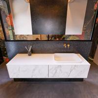 Badkamermeubelset Mondiaz Erin 150 cm met 2 Lades met RIDGE Wastafel Rechts Talc Zonder Kraangaten Greeploos Mat Carrara - thumbnail