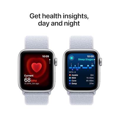 Apple Watch SE (2e gen.) GPS 40 mm Smartwatch - Kast van zilverkleurig aluminium - Ochtendblauw geweven sportbandje. Conditie en slaap bijhouden, ongelukdetectie, hartritme monitoren, CO₂-neutraal