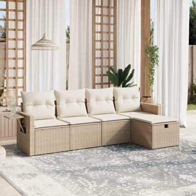 5-delige Loungeset met kussens poly rattan beige