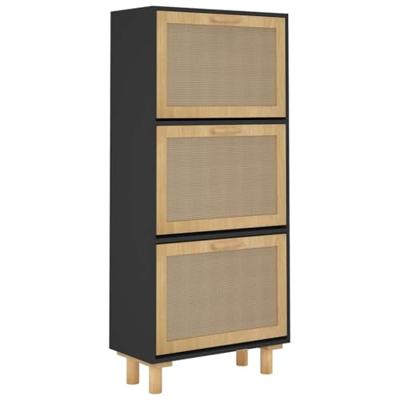 Schoenenkast 52x25x115 cm bewerkt hout en rattan zwart - thumbnail