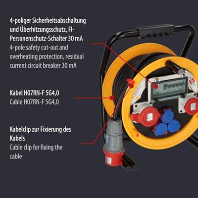 Brennenstuhl Kabelhaspel Brobusta 380 Cee 25M H07Rn-F5G4.0 3X230V, 2Xcee 400V 1X16A + 1X32A, Fi - 1319250