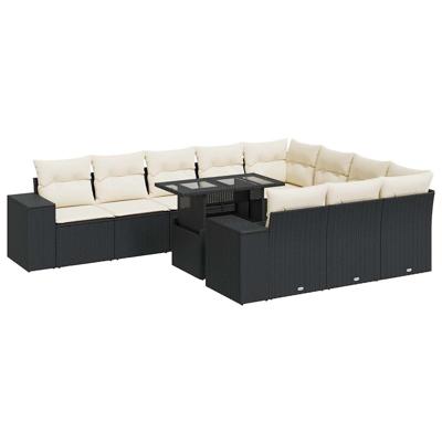 11-delige Loungeset met kussens poly rattan zwart